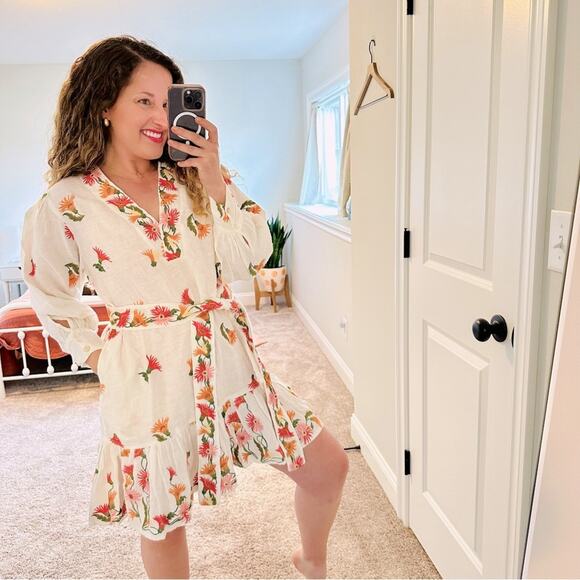 NWT HANNAH Artwear White Orange Pink Linen Floral Embroidered Mini Dress 1 Small - Picture 1 of 15